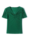 Shinning Mesh T Shirts Women's Short Sleeve Beading V Neck Tees Buttons Folds Slim Tshirt For Female-Outfit