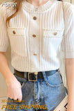 White Tshirt Women Summer 2023 Short Sleeve Top Ladies Pockets Basic T Shirts Knitted Casual Clothes Tee Shirt