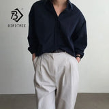 Autumn New Women Solid Vintage Oversized Navy Shirt Batwing Sleeve Blouse Casual Korean Style Tops Feminina Blusa
