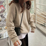 Fongt Women's Autumn Winter New Style With Lazy Wind Pure Color Sweater Loose Round Collar Thick Mixed Color Top Female-Outfit