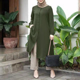 ZANZEA Women Full Sleeved Muslim Blouse Islamic Clothing Fashion Buttons Down Solid Long Blouse Tops Kaftan Casual Solid Blusas 703-1-Outfit