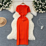 Fongt Style Temperament Knitting New High-End Collar Single Buckle Short Sleeve Slimming French Style Long Dress