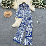 Fongt Familiar Wind Wearing A Female Fashionable Loose-Fitting Long-Sleeved Printed Shirt + High-Waisted Casual Broad-Legged Trousers Set