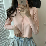Women V-Neck Knitted Casual Short Sweaters Cardigans Lady Full Sleeve Thin Cardigan Outwear Crop Top for Female-Outfit