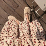 Corduroy High Waist Floral Print Maxi Skirt-Outfit