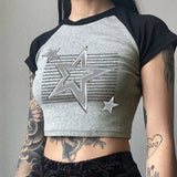 Metal Five-Pointed Star Spliced Collision Color Short-Sleeved T-Shirt New Slim And Slim Jacket For Spring And Summer 2024-Outfit
