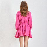TWOTWINSTYLE 2022 Summer A Line Women's Dress O Neck Long Sleeve High Waist Sashes Slim Rose Color Mini Dresses Female