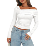 Women Basic Solid Undershirt Slash Off Shoulder Full Sleeve Shirt Shrunk Soft T-Shirt Autumn Versatile Street Daily Top-Outfit