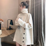 Turtleneck Sweater Women Irregular Button Knitted Pullovers Korean Oversized Knitwear Winter Casual All Match Jumpers Tops-Outfit