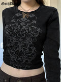 Dark Casual Gothic Vintage Printing Women T-shirts Grunge E-girl Long Sleeve Punk Cropped Tops Bodycon Ribbed Autumn