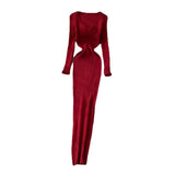 Fongt Women's Autumn And Winter 2025 New Korean Version Of Simple Solid Color Long Sleeves Tight Waist Thin Knit Long Dress