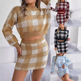 Shooting Autumn And Winter Casual Lattice Long Sleeve Open Umbilled Sweater Hip Skirt Suit Women's
