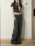 Camouflage Green Cargo Pants Women Y2K Hippie Low Rise Jeans Retro Streetwear Harajuku Army Wide Leg Denim