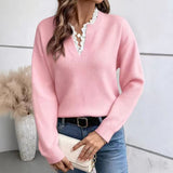 Fongt 2025 New Fashion Lace V-Neck Sweater Solid Color Loose Long-Sleeved Knitwear Shirt