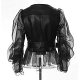 Fongt New Domineering Splicing Mesh Perspective Leather Locomotive Jacket Jacket Women 1656