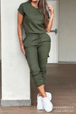 Women's Solid Color Round Collar Top Multi Pocket Jog Pants Set-LZS7514-Outfit
