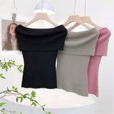 Fongt Retro Sexy Shoulder Repair Slimming Paper Pieces Knitted Vest T-Shirt Blouse Short Short Sleeve