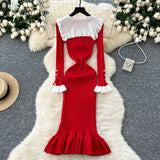 Fongt New Retro Bumpy Dolls To Receive Waist Knitted Dress Female Elastic Temperament Lotus Leafy Dress