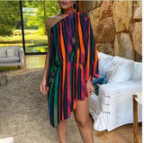 New Fashionable Sexy Lotus Leaf Edge Printed One-Sleeve Open-Shoulder Dress-Outfit
