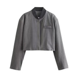 Fongt New Women's Loose Casual Long-Sleeved Striped Jacket Top High Waist Wide Leg Trousers Set