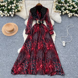 Fongt Fashionable Dress Women's French Nail Polish Brighten Embroidery V Collar Long Sleeve Leopard Print Elegant Long Dress