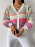 Fongt R-Shirt 2025 Autumn And Winter Sweater Coat Women's Rainbow Striped Lantern Sleeve