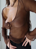 Sexy Women T-shirts Mesh See Through Exposed Navel Crop Top T-shirts Long Sleeve Low-cut Lace-up Solid Clubwear Party-Outfit