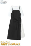 Split Dress Women Casual Patchwork Loose O-Neck Daily Korean Style Fake Two Piece 2023 Summer Chic Dresses