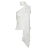 Fongt Summer Women's Lace Ribbon Stitching Hollow Out Asymmetrical Slim Small Vest-Outfit