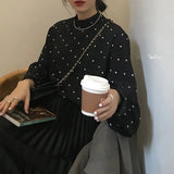 Fongt Chic French Retro Black And White Wave Half High Collar Loose Bubble Sleeve Bottom Shirt Topess