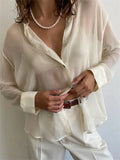 Chic Mesh See Through Loose Shirts Women Long Sleeve Lapel Button-Down Tops Spring Autumn Solid Casual Blouses Tops-Outfit