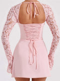 Elegant Women Mini Dress Long Sleeve Backless Hollow Out Low-cut Tie-up Lace Patchwork Cocktail Dress Female Vestidos-Outfit