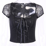 Sexy Street Lace Stitching Square Collar Short-Sleeved Blouse Female Corns Strapped To Show Slim Women's Wear-Outfit