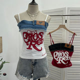 Fongt Edge Denim Spliced Letter Embroidered Sling Sling Vest T-Girls Short Top 23098