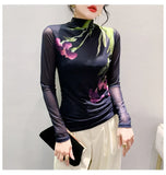 Printed Positioning Flower Double-Layer Mesh T-shirt Women Stretch Slim Full Sleeve Tees Tops HF8772-Outfit