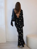 Chiffon Floral Print Long Sleeve Backless Maxi Dress High Split Elegant Slim Evening Dress 2023 Autumn Outfits-Outfit