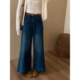 Fongt Kong Wind Dark Blue High-Waisted Horn Nine-Point Jeans Women 2025 Autumn Small Loose Thin Broad Leg Pants