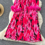 Fongt Elegant Dress Women 2025 New Light Style Waist Hair Sleeve Splicing Print 100-Folded Long Dress