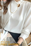 Women's Shirts Solid Satin Blouses for Women Chain Asymmetric Blouse Women Long Sleeve Top White O-neck Female 2023 Basic