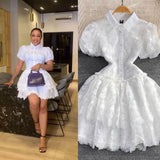 Fongt Summer Retro Temperament Elegant Collar Single Buckle White Lace Embroidery A Word Cake Dress