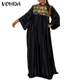 Women Kaftan Dress 2022 VONDA Vintage Long Sleeve Embroidery Mesh Dress Autumn Robes Longues Oversized Robe