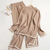 Fongt Autumn Dress New Temperament Bumpy Fork Long-Sleeved Knitted Shirt High Waist Thin Leg Trousers Two