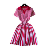 Fongt Retro-Necked Short-Sleeved Striped Knitted Dress Female Waist Temperament Thin A-Word Dress