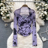 Fongt Girls Tie-Dye Mesh Jersey Long-Sleeved T-Shirt Girl Thin Perspective Temperament Fashion Folding Top