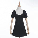 Retro Open Buttons Lacing up V neck Puff Short Sleeve Short Dress Woman Pink Black French Mini Dresses Holiday
