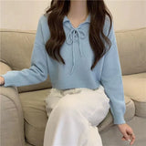 The New Korean Version Lace-Up Pullover In Spring 2024 Is Girly With Polo Collar And Simple Bottomed Sweater.-Outfit
