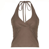 Solid V Neck Bandage Halter Crop Top Summer Basic Casual Sleeveless Backless Tank Tops Women Y2k Aesthetic Summer Tee 90s-Outfit