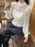 Fongt Xixi 2025 Autumn White Standard Elegant Temperament Pure Chiffon High-Collar Thin Velvet Shirt 89632