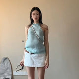 Fongt CEC Korean Small Fresh Mint Green Bead Hanging Neck Sling Waistcoat Coat Two-Piece Skirt