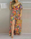 Independent Station 2023 New Short-Sleeved Print V Neckline Waist Tie Dress Long Dress-Outfit
